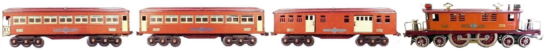 Lionel Ives Transition Standard gauge set with extremely rare #1764E locomotive and #1766 Parlor car, #1768 Observation car and #1767 Mail Baggage car