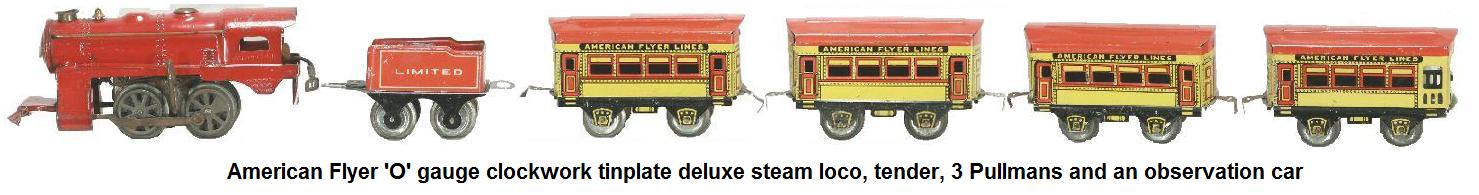 American Flyer 'O' gauge wind-up passenger set with deluxe clockwork steam loco, lithographed Hummer Passenger #515 Coaches and working battery operated headlight