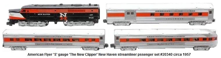 American Flyer 'S' gauge 'The New Clipper' New Haven passenger set #20340, circa 1957 with #497 NH Alco diesel engine #960 combine, #961 coach, and #963 observation car