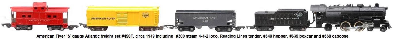 American Flyer 'S' gauge Atlantic freight set no. 490T, circa 1949 including #300 steam 4-4-2 loco, Reading Lines tender, #640 hopper, #639 boxcar and a #638 caboose.
