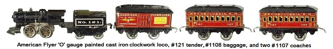 American Flyer 'O' gauge painted cast iron clockwork locomotive, #121 tender, #1108 baggage and 2 #1107 coaches