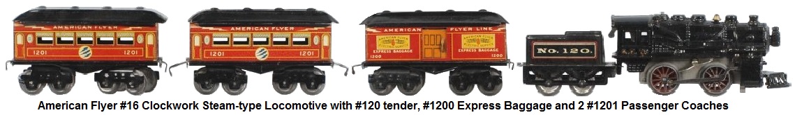 American Flyer 'O' gauge #16 clockwork steam-type engine with #120 tender, #1200 Express baggage Car and two #1201 passenger coaches