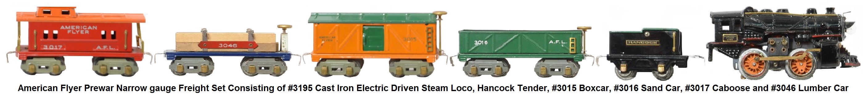 American Flyer 'O' gauge freight set consisting of #3195 cast iron electric steam outline locomotive, Hancock tender, #3015 boxcar, #3016 sand car, #3017 caboose and #3046 lumber car