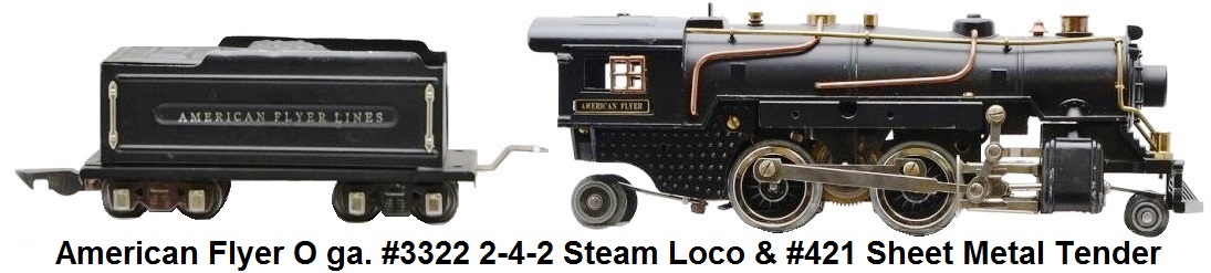 American Flyer O gauge #3322 black steam loco and #421 black sheet metal tender with all nickel trim