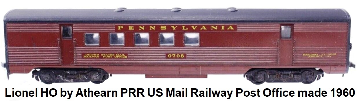 Athearn made Lionel HO gauge US Mail RPO car from 1960 in PRR livery