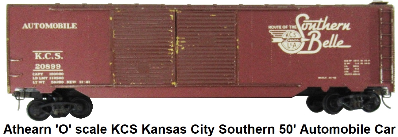 Athearn 'O' scale kit-built 2-rail KCS Kansas City Southern Double Door 50' Automobile Car - Home of the Southern Belle Catalog #A201