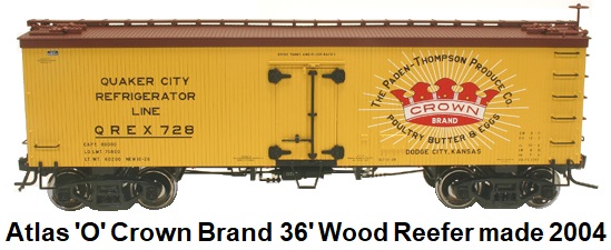 Atlas 'O' scale Quaker City Line Crown Brand 36' Wood Side Reefer for 3-rail #8033 circa 2004