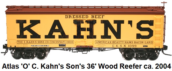 Atlas 'O' scale Kahn's Dressed Beef 36' Wood side Reefer for 2-rail #9044 circa 2004