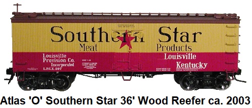 Atlas 'O' scale Southern Star Meats 36' Woodside Refrigerator Car #8019 for 3-rail circa 2003