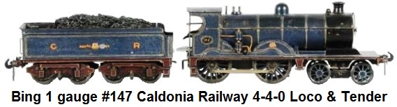 Bing 1 gauge #147 Caldonia Railway 4-4-0 clockwork loco and C&R 8-wheel tender