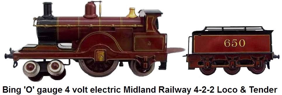Bing 'O' gauge 4 Volt Electric Midland Railway 4-2-2 Single Locomotive and Tender #650