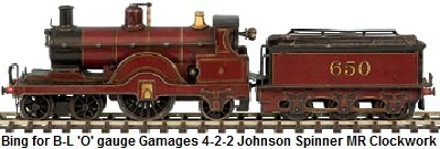 Bing for Bassett-Lowke 'O' gauge Gamages 4-2-2 Johnson Spinner #650 Clockwork in Midland Railway maroon