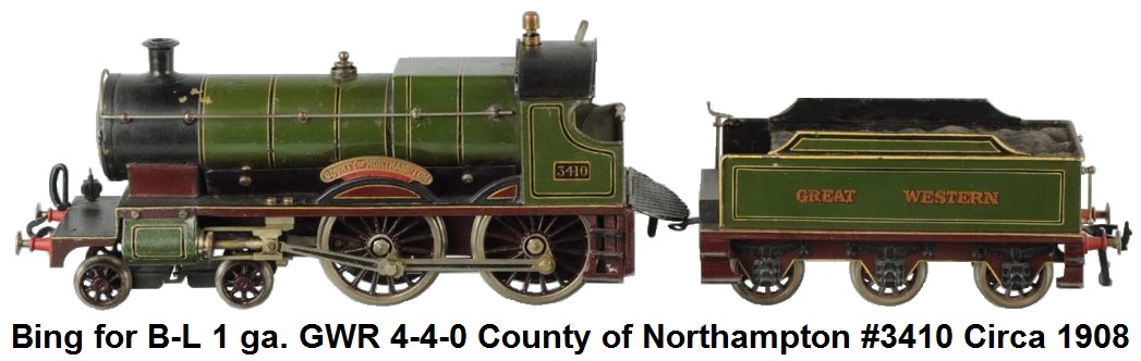 Bing for Bassett-Lowke 1 gauge 4-4-0 GWR County of Northampton Live Steam locomotive & 6-wheel Tender #3410 circa 1908