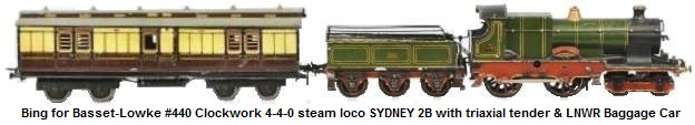 Bing for Basset-Lowke #440 Clockwork 4-4-0 steam locomotive SYDNEY 2B with triaxial tender and London and Northwest Railway Baggage Car