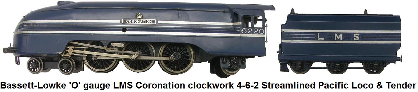 Bassett-Lowke 'O' gauge Coronation 4-6-2 Streamlined Pacific Clockwork Locomotive and Tender in LMS Blue