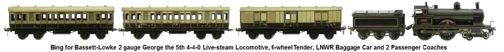 Bassett-Lowke 'O' gauge George the 5th 4-4-0 live steam locomotive, 6 wheel tender, London and Northwest Railway Baggage car and two coaches