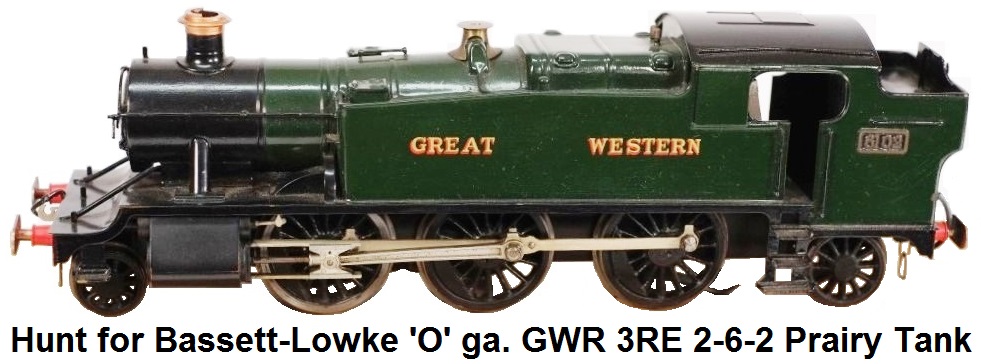 Hunt for Bassett-Lowke 'O' gauge 3 rail electric 2-6-2 Prairie Tank Locomotive #6102 in GWR green livery