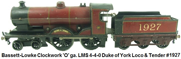 Bassett-Lowke 'O' gauge Clockwork LMS 4-4-0 #1927 Duke of York Loco & Tender
