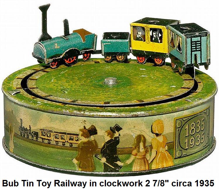 Bub Miniature Tin Toy Railway circa 1935, clockwork 2 7/8 in., lithographed tin, manufactured in commemoration 
	of the 100th anniversary of Germany's first railway from Nuremberg to Fürth in 1835