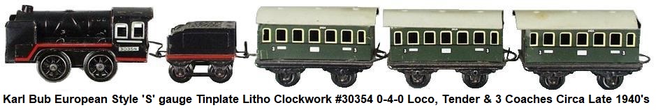 Bub 'S' gauge tinplate litho clockwork 0-4-0 steam outline loco with tender, and 3 passenger wagons circa mid 1940's