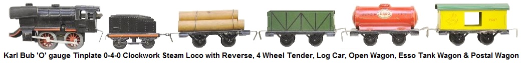Bub 'O' gauge clockwork 0-4-0 steam loco with reverse, tender, log car, open wagon, tank car, and postal wagon
