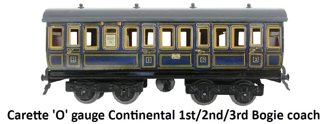 Carette 'O' gauge Continental Blue First Second and Third Class Short Eight Wheeled Double Bogie Coach with opening doors and interior