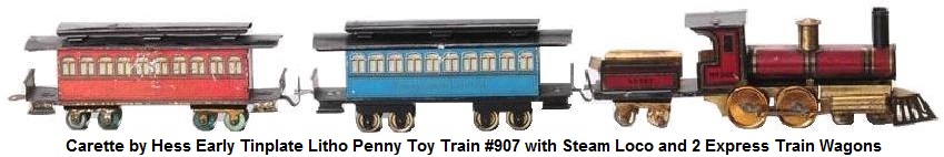 Hess for Carette Early Tinplate Litho Penny Toy Train Set #907 with loco, tender and 2 Express Coaches