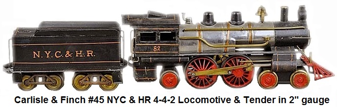 Carlisle & Finch #45 2 inch gauge Engine & Tender painted tin, wood, and cast iron with nickel boiler copper bands cast iron pilot circa 1909-15 overall length 26 inches