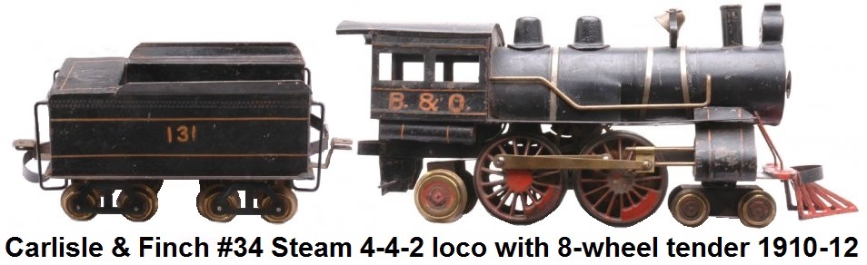 Carlisle & Finch #34 2 inch gauge black steam 4-4-2 loco with eight wheel tender, made 1910-1912