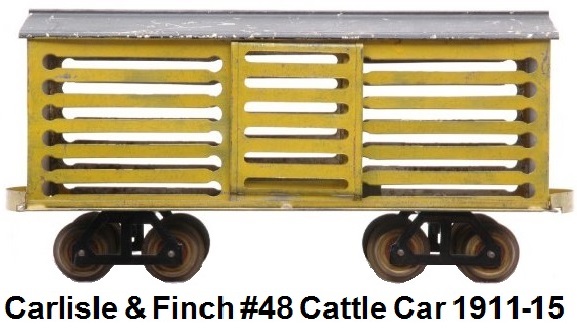 Carlisle & Finch #48 2 inch gauge small cattle car with black steel side frames and brass wheels, circa 1911-1915