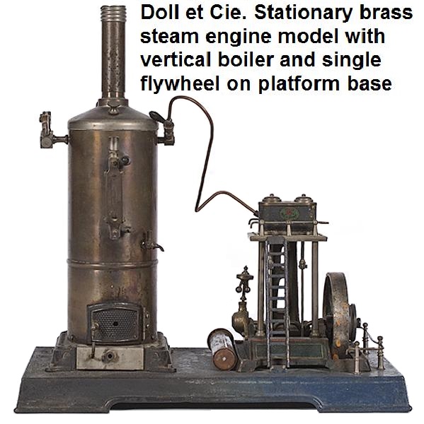 Doll et Cie. Stationary brass steam engine model with vertical boiler and single flywheel on platform base
