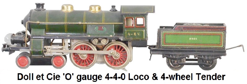 Doll et Cie. Tinplate 4-4-0 Loco and 4-wheel tender in 'O' gauge 3-rail electric