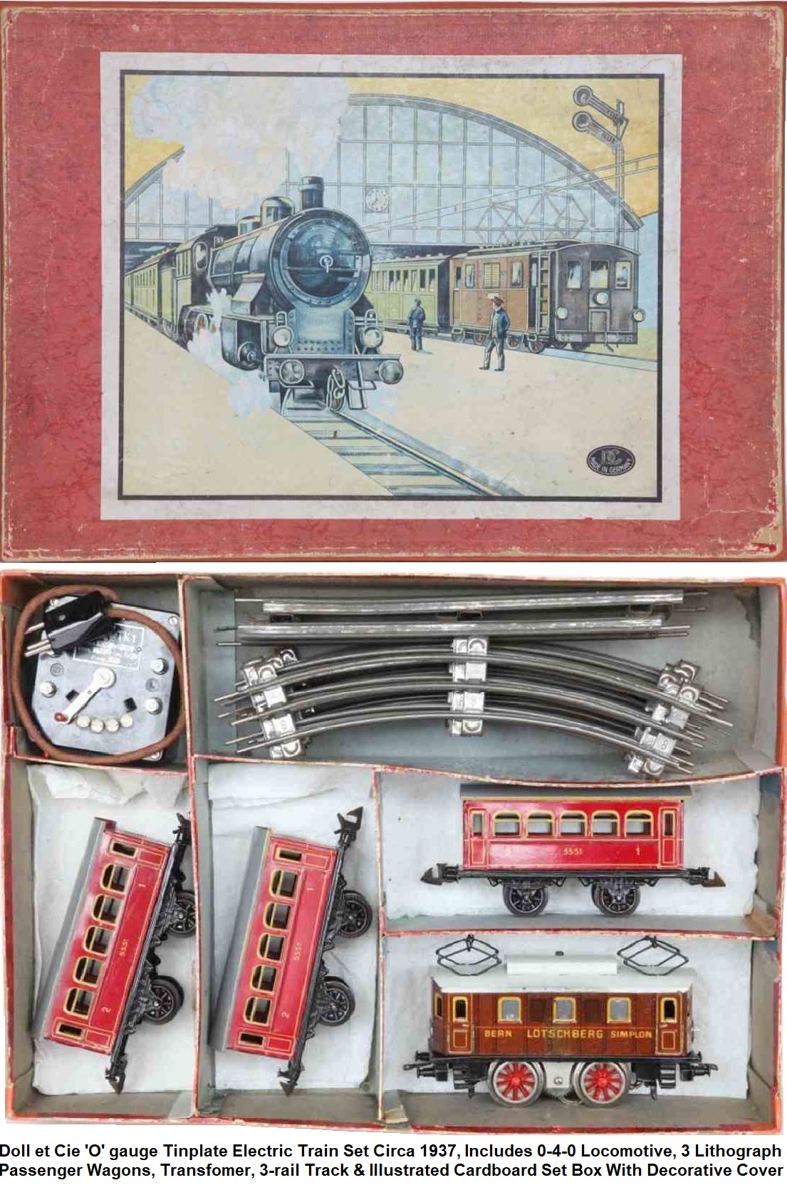 Doll et Cie. Tinplate Railway 'O' gauge passenger set circa 1937 in illustrated box