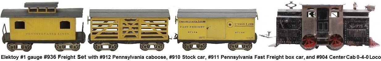 Elektoy #904 0-4-0 electric Outline locomotive, #911 Pennsylvania Fast Freight Box Car, #910 Stock car and #912 Pennsylvania caboose in #1 gauge