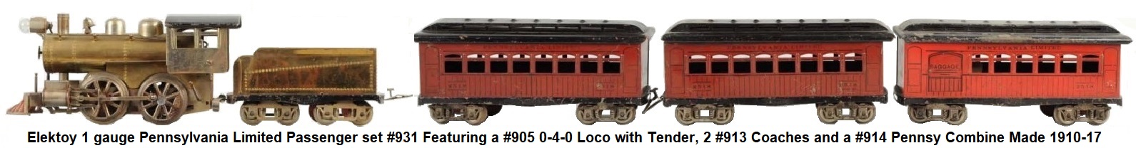 Elektoy #1 gauge Pennsylvania Limited Passenger Set with #905 0-4-0 Steam Outline loco, 8-wheel tender, 2 #913 Pennsylvania Coaches, #914 Pennsylvania Combo car, made 1010-17