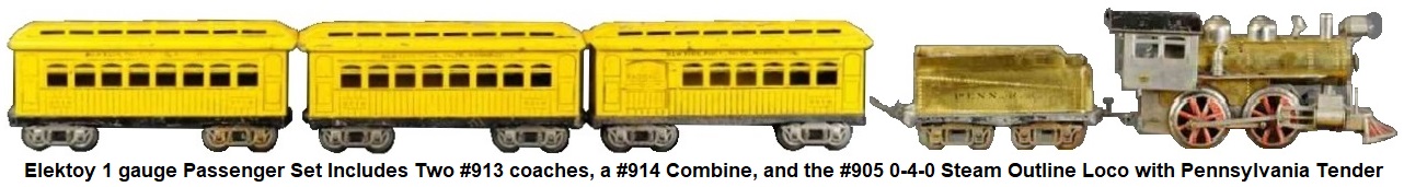 Elektoy #1 gauge New York Phila Balto Washington Passenger Set with #905 0-4-0 Steam Outline loco, 8-wheel tender, 2 #913  Coaches, #914 Combo car, made 1010-17