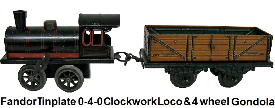 Fandor 'O' gauge tinplate litho clockwork 0-4-0 loco and 4 wheel gondola