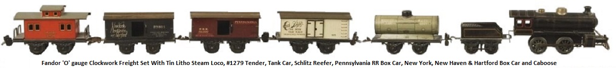 Fandor 'O' gauge clockwork freight set for american market with tin litho steam engine, tin litho #1279 tender, New York, New Haven & Hartford boxcar, tank car, Pennsylvania RR boxcar, Schlitz beer car