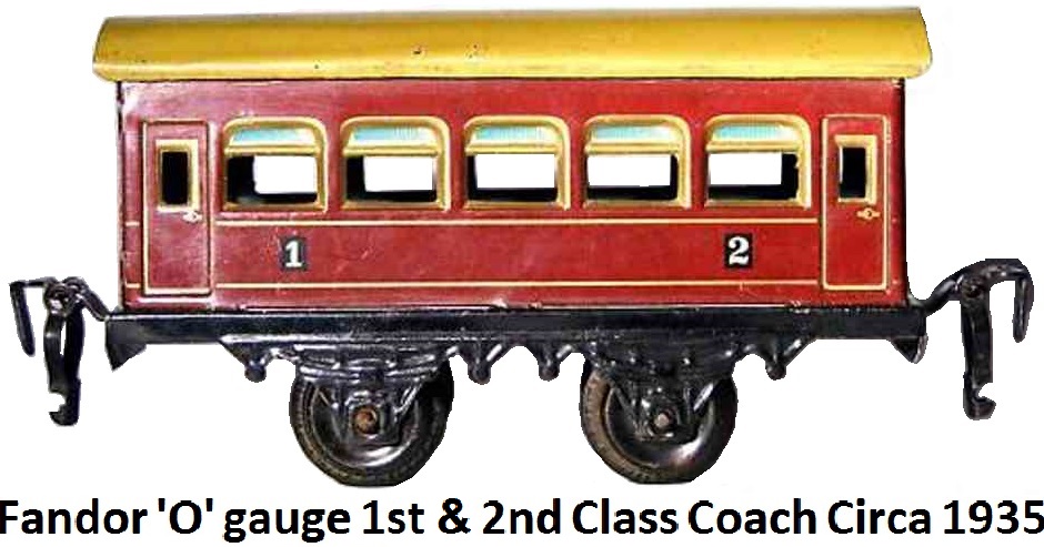 Kraus-Fandor 'O' gauge red 4 wheel 1st and 2nd class coach circa 1935