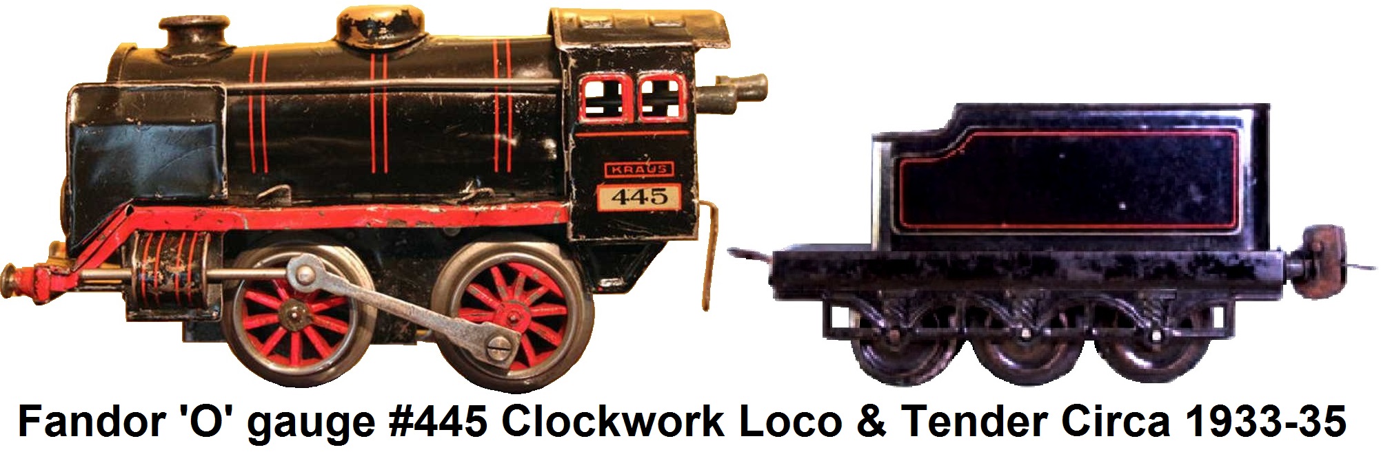 Kraus-Fandor 'O' gauge clockwork Steam outline locomotive lithographed in black, with deflector, red pinstripes, gallery rods, chimney and dome circa 1933-35