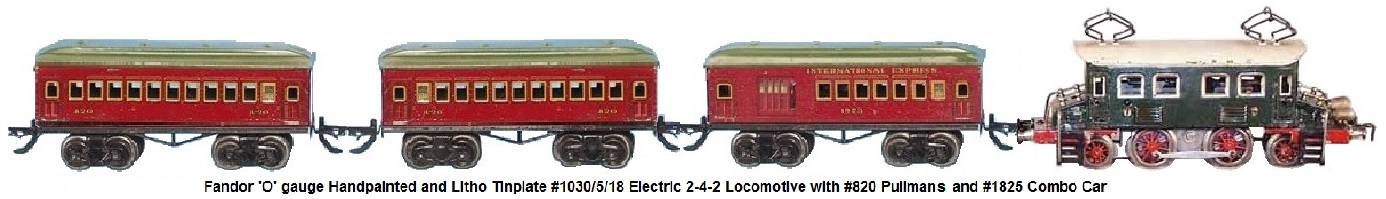 Kraus-Fandor 'O' gauge handpainted and lithographed tinplate #1030/5/18 electric 2-4-2 locomotive with 2 #820 Pullmans and #1825 Combine