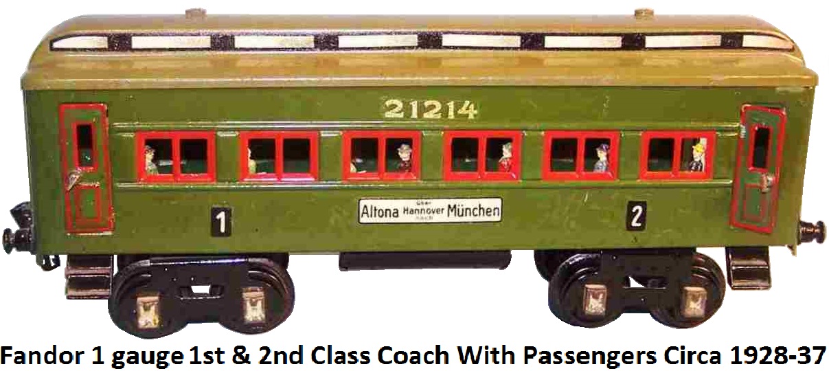 Fandor 1 gauge 1st and 2nd class passenger car with passengers in windows circa 1928-37