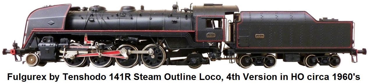 Fulgurex by Tenshodo HO scale SNCF 141R Steam Outline Engine & Tender, fourth version in black with red striping circa 1960's