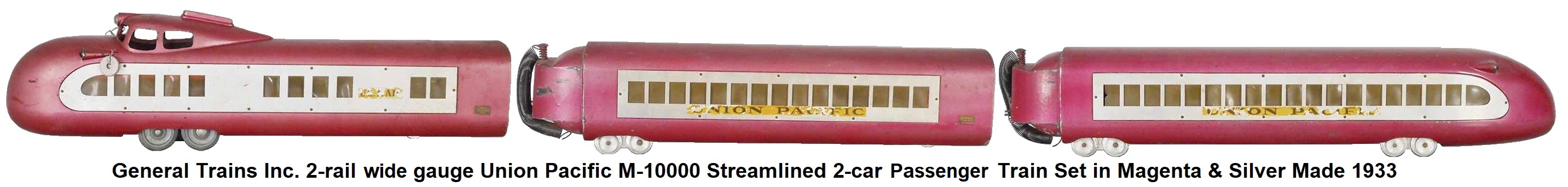 General Trains 2-rail Standard gauge Union Pacific M-10000 streamlined 3-car train Set in magenta & silver made 1933