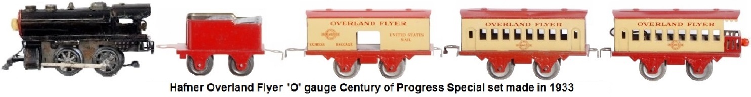 Hafner Overland Flyer Century of Progress set in 'O' gauge tinplate - clockwork 0-4-0 loco with tender, baggage car, pullman and observation car circa 1933