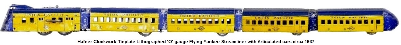 Hafner Flying Yankee Streamliner tinplate clockwork loco with 3 articulated passenger coaches and observation car in 'O' gauge