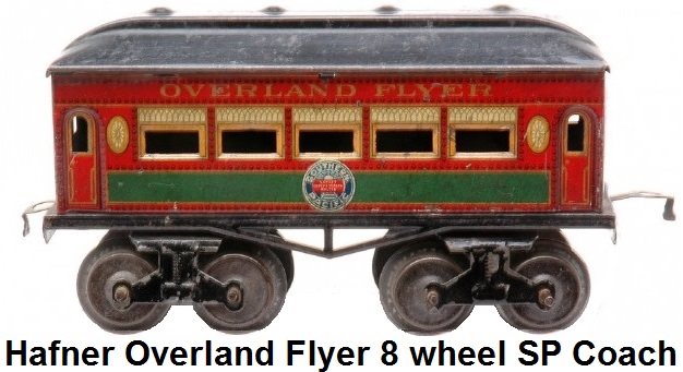 Hafner rare Overland Flyer prewar 'O' gauge red lithographed eight wheel passenger coach with Southern Pacific herald
