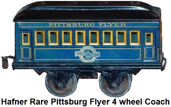Hafner rare Pittsburg Flyer 'O' gauge blue lithographed four wheel passenger coach with Baltimore & Ohio herald