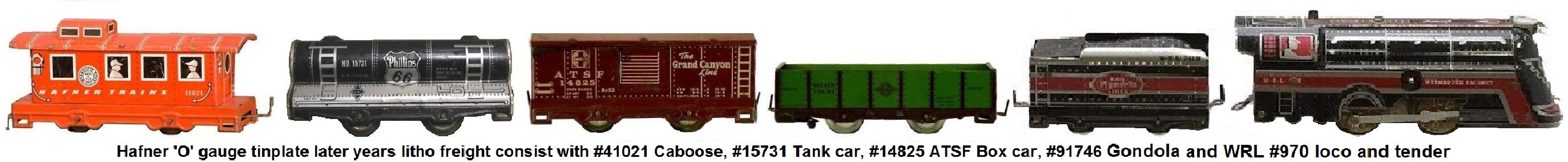 Hafner 'O' gauge mixed freight consist of later Wyandotte 4 wheel tinplate lithographed cars and the Wyandotte #970 Locomotive and tender