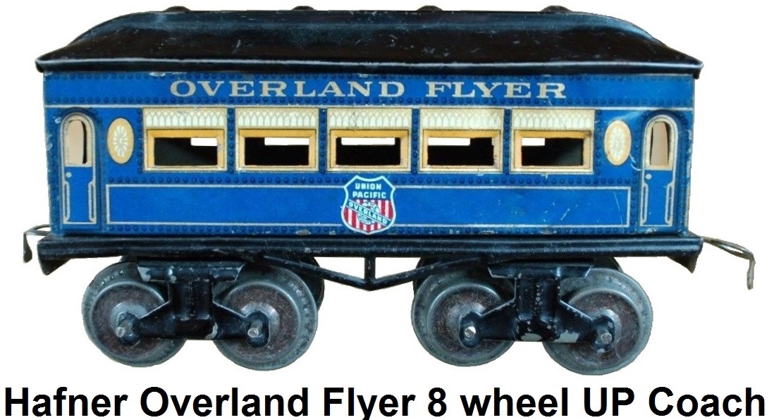 Hafner rare Overland Flyer prewar 'O' gauge blue lithographed eight wheel passenger coach with Union Pacific herald